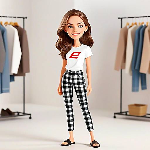 Stylized Illustration of Woman with Pretty Face and Hair Wearing Casual Outfit in Clothing Store