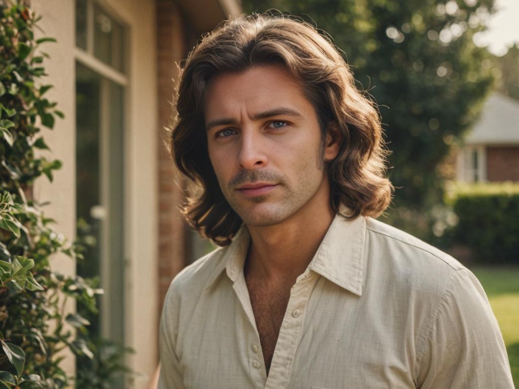 Vintage man with 70s hairstyle outdoors