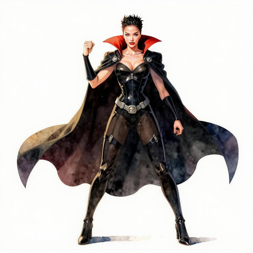 Powerful Vampire Queen Woman in Black Leather Costume with Red Cape Watercolor Illustration