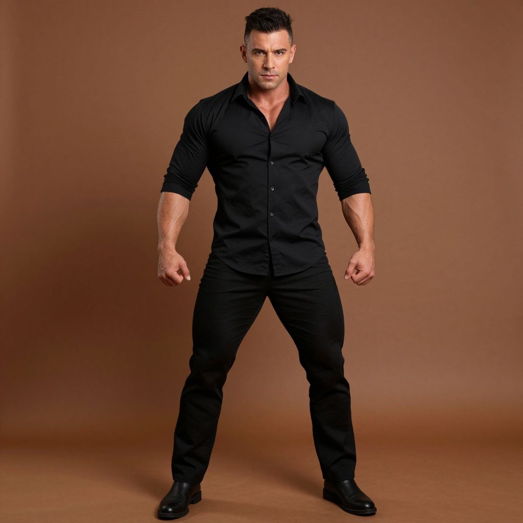 Muscular Man in Black Shirt Posing Confidently on Brown Background