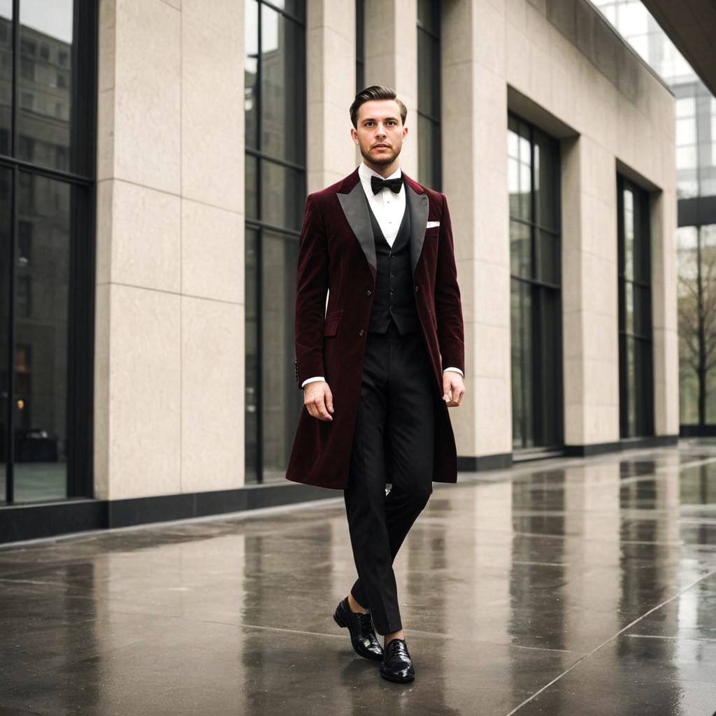 Stylish Man in Burgundy Velvet Suit