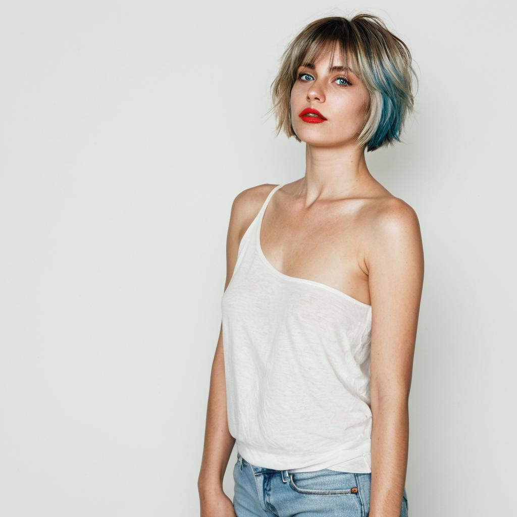 Young Woman with Blue Highlighted Short Hair in Casual White Tank Top and Denim Jeans