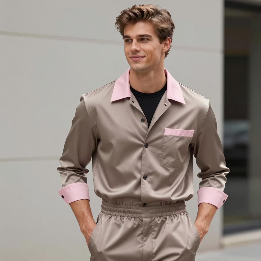 Young Man Wearing Stylish Taupe and Pink Button-Up Shirt with Matching Pants