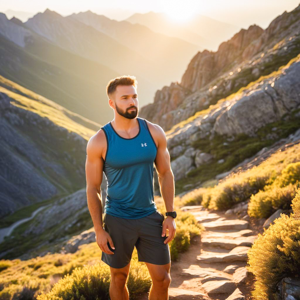 Fit Man on Mountain Trail at Sunset