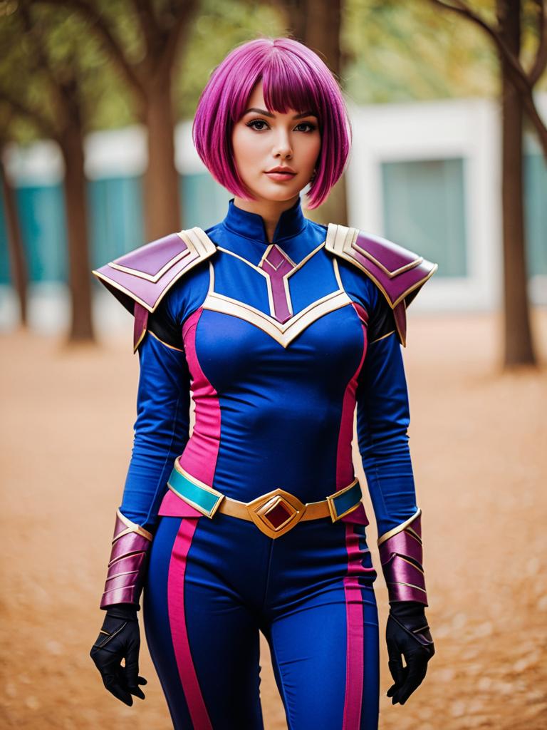 Woman in Futuristic Cosplay Costume with Purple Armor and Magenta Hair