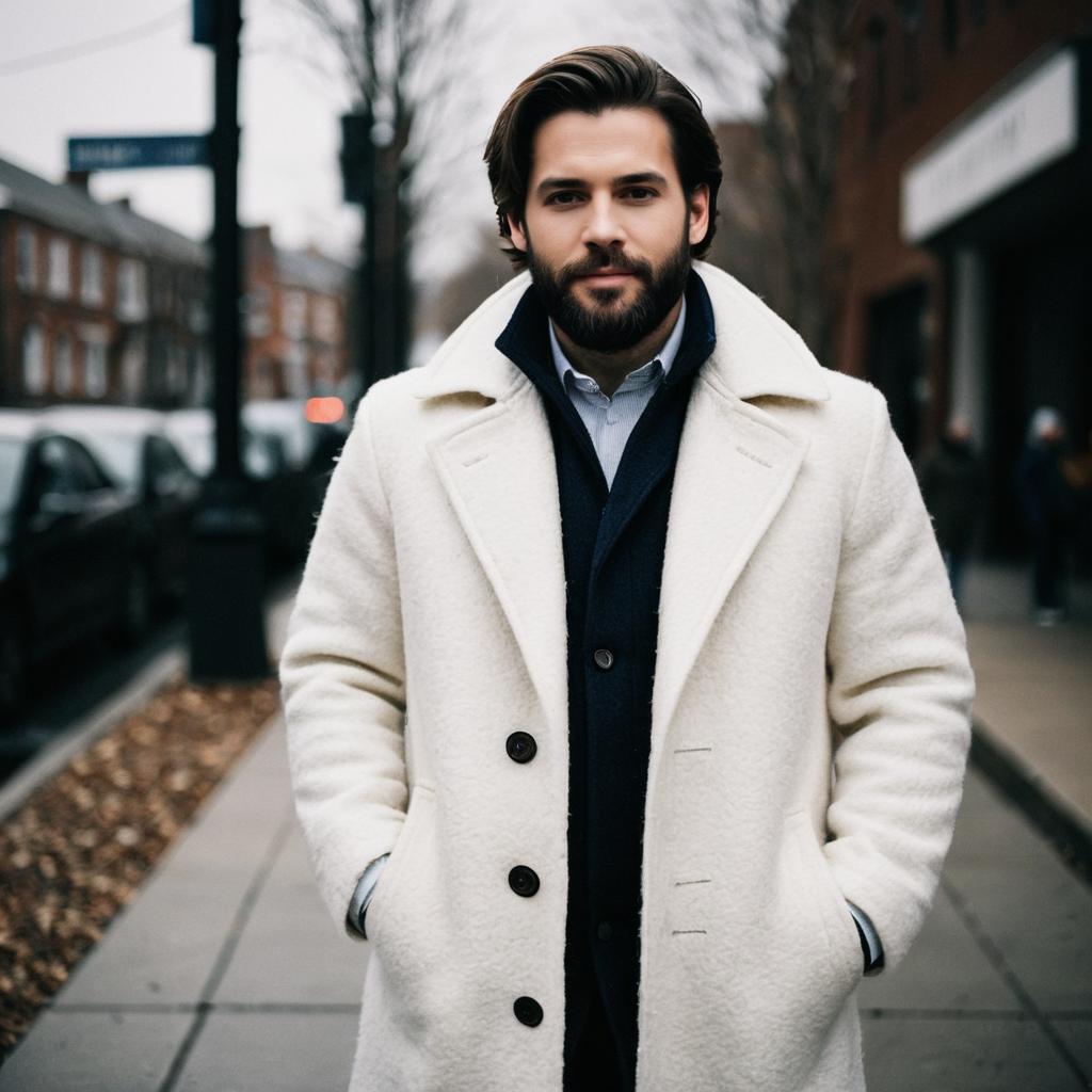 Man in White Wool Coat on City Sidewalk Winter Fashion