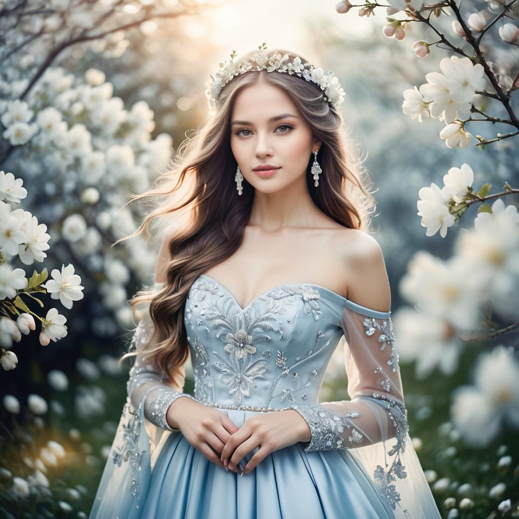 Young Woman in Light Blue Gown Among White Flowers