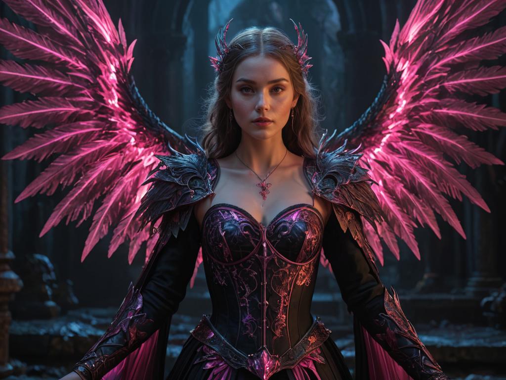 Young Vampire Princess with Fiery Wings in Gothic Setting