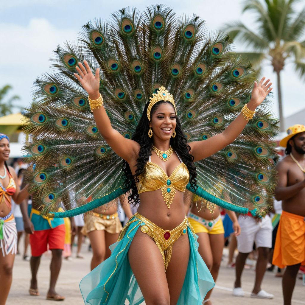 Caribbean Carnival Woman in Peacock Feather Costume Parade