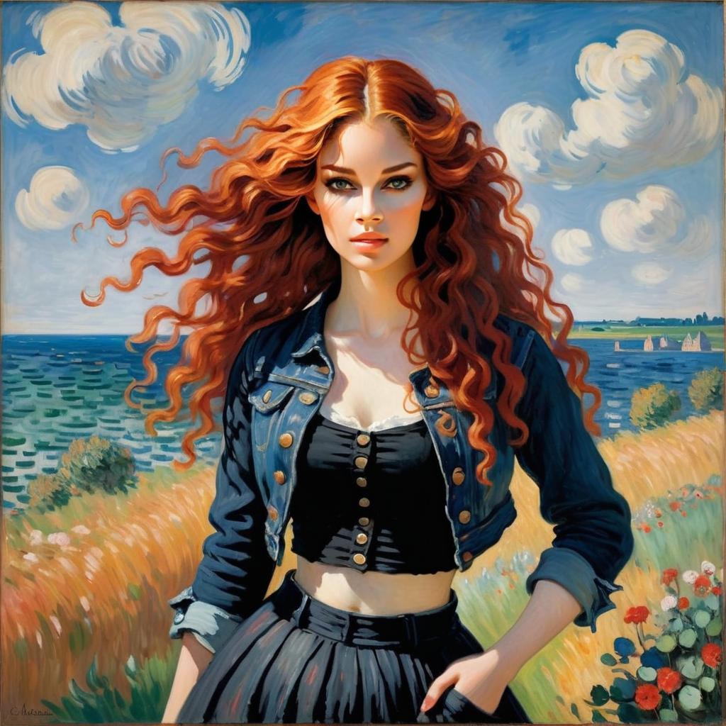 Confident Young Woman in Sunny Field by the Sea