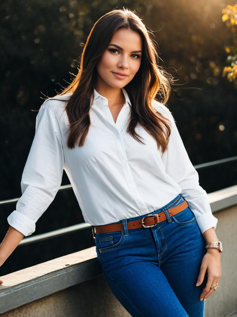 Midsize Fashion Woman in White Shirt and Blue Jeans Posing Outdoors