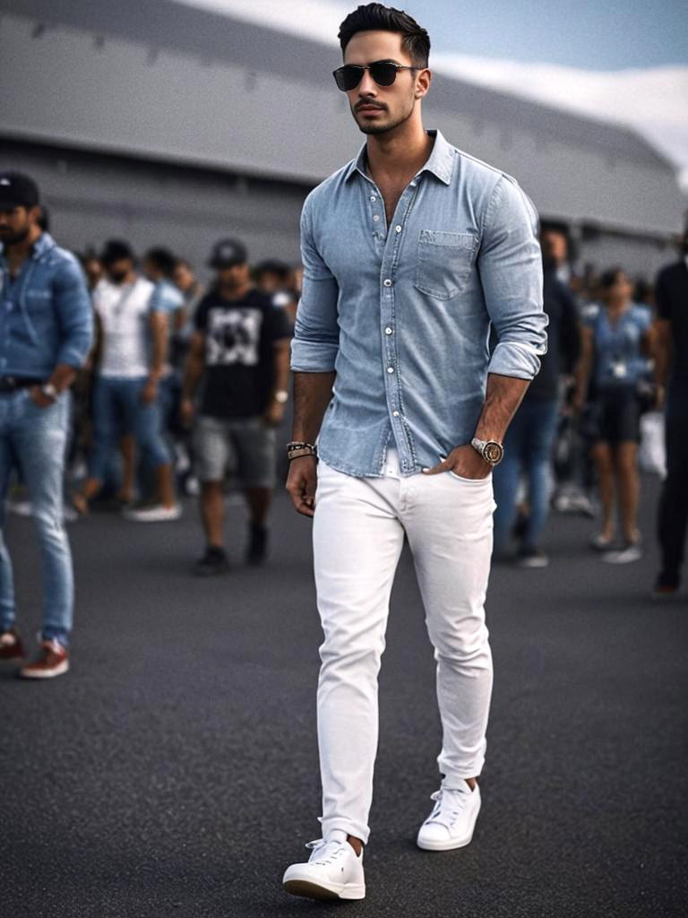 Stylish Man in Denim Shirt in Bustling Crowd