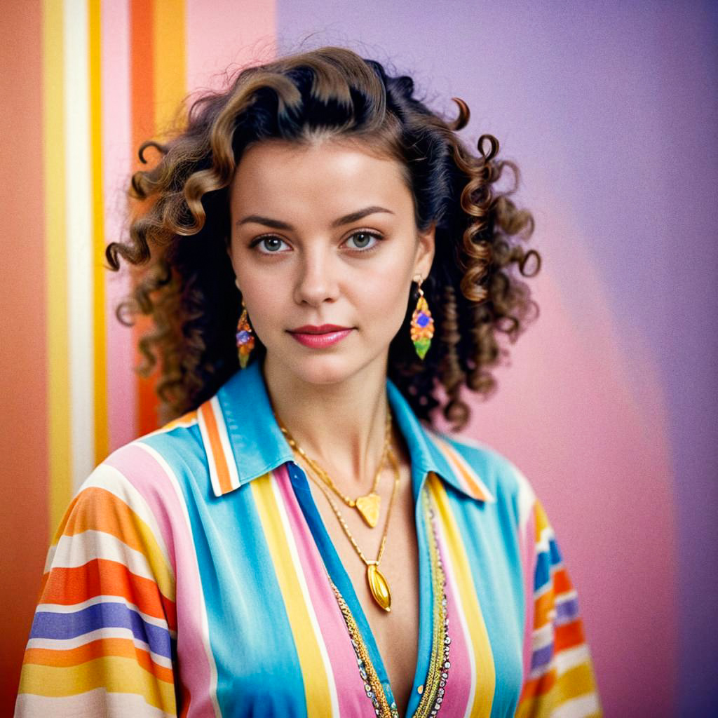 Confident Young Woman with Curly Hair in Colorful Fashion