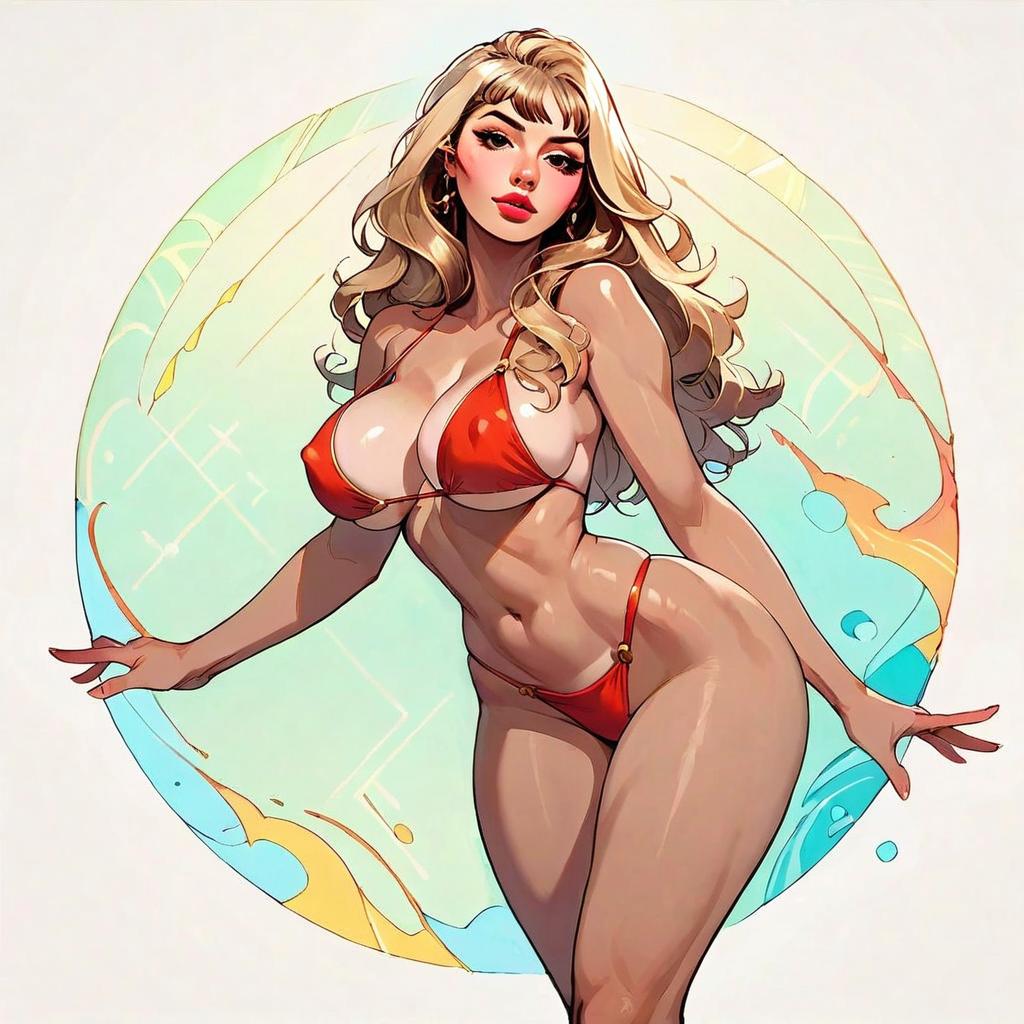 Stylized Digital Illustration of Woman in Red Bikini with Pop Art Background