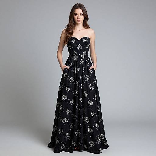 Elegant Strapless Black Floral Evening Gown with Pockets