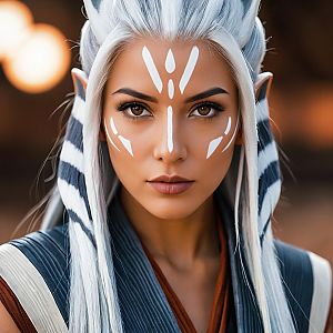 Realistic Fantasy Woman with White Tribal Face Paint and Elf Ears