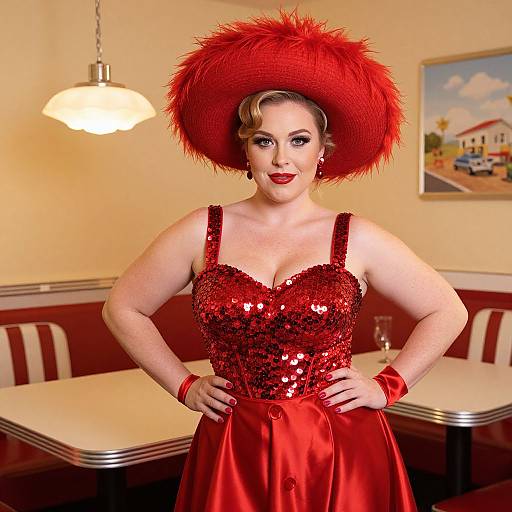 Woman in Glamorous Red Sequin Corset and Feathered Hat in Retro Diner