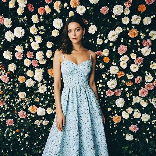 Woman in Light Blue Floral Dress Standing Before Colorful Flower Wall