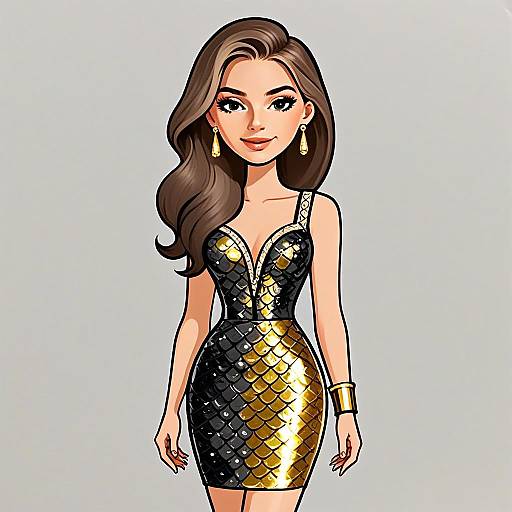 Glamorous Woman in Black and Gold Sequin Dress Illustration