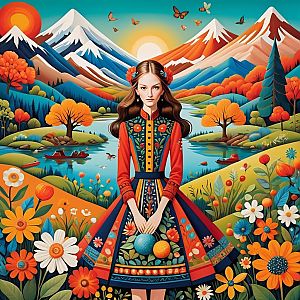 Vibrant Folkloric Portrait Amid Colorful Landscape