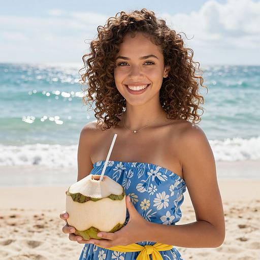 Happy Woman Enjoying Fresh Coconut on Beach in Blue Floral Dress