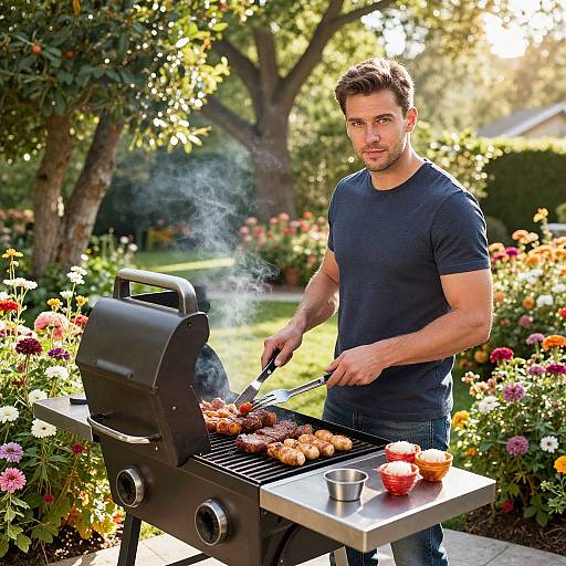 Man Grilling Meat Outdoors in Colorful Garden Setting