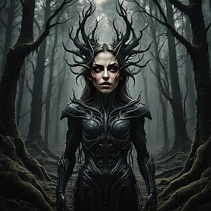Haunting Woman in Gothic Forest Armor