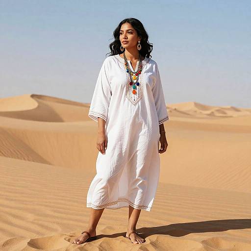 Woman in White Kaftan with Colorful Jewelry Standing in Desert Landscape