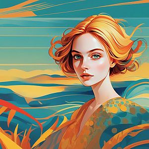 Woman with Blue Eyes and Orange Hair in Abstract Landscape