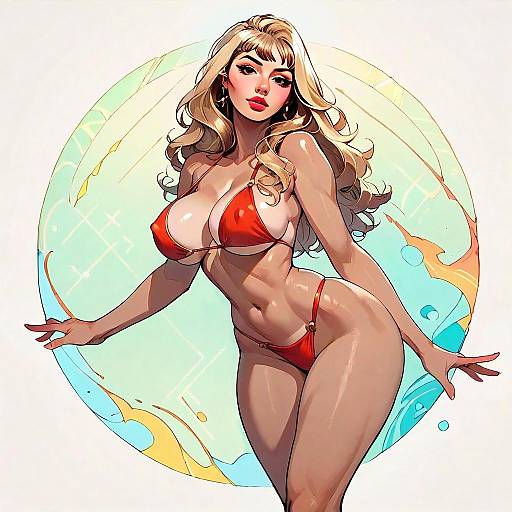 Stylized Digital Illustration of Woman in Red Bikini with Pop Art Background