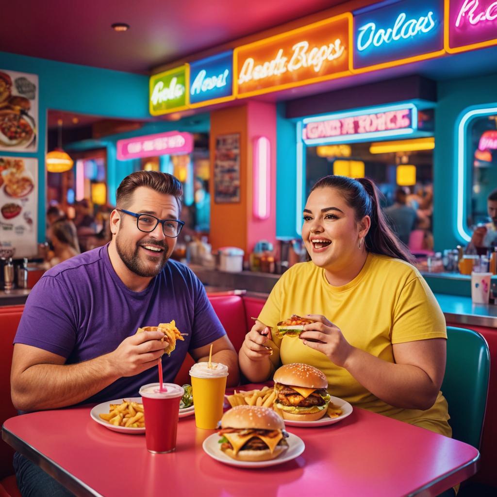 Cheerful Couple Enjoying Fast Food in Retro Diner