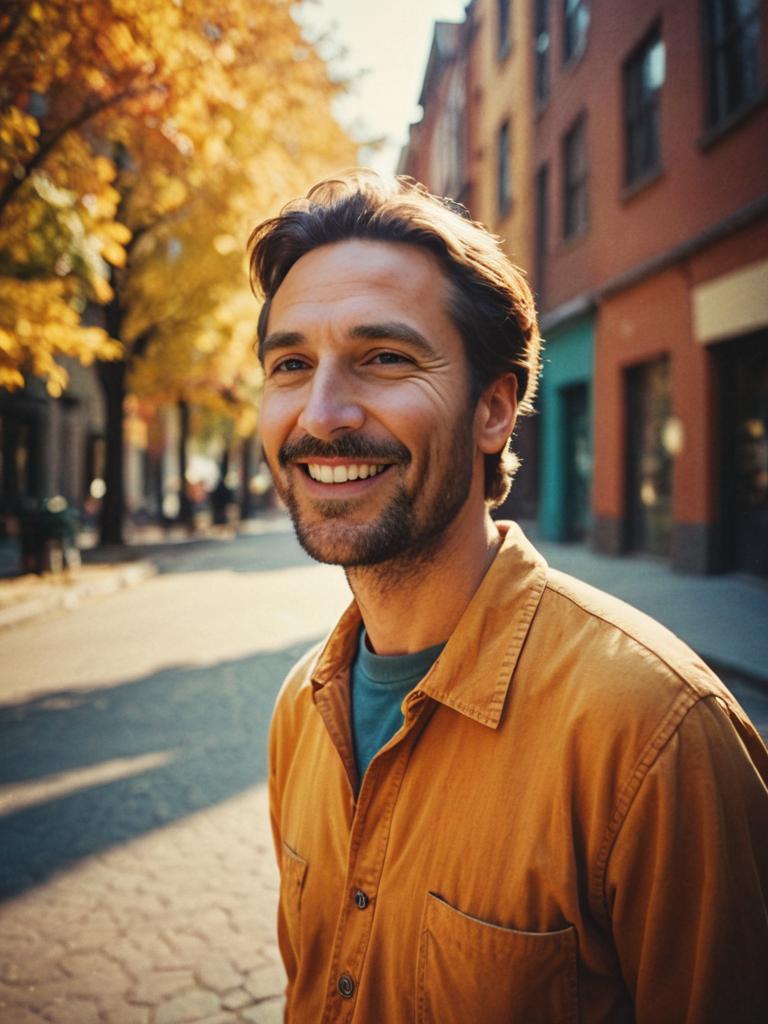 Happy Man in Autumn with Vintage Ektachrome Look