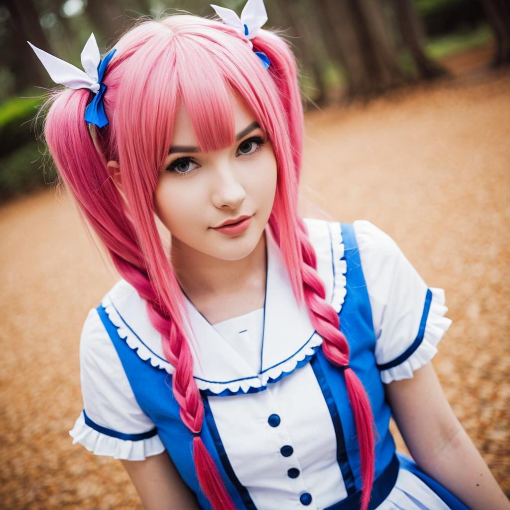 Cosplay Portrait of Woman with Pink Hair in Blue and White Sailor Outfit