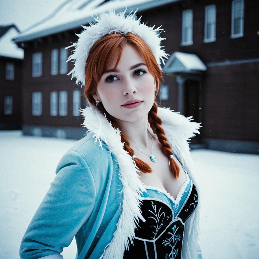 Woman in Stylized Anna Frozen Costume Winter Outfit