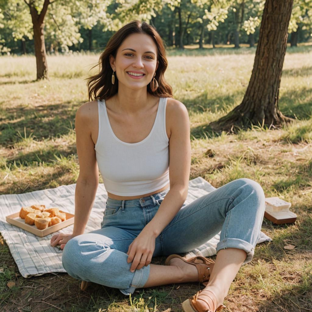 Smiling Woman on Picnic Blanket in Sunny Park