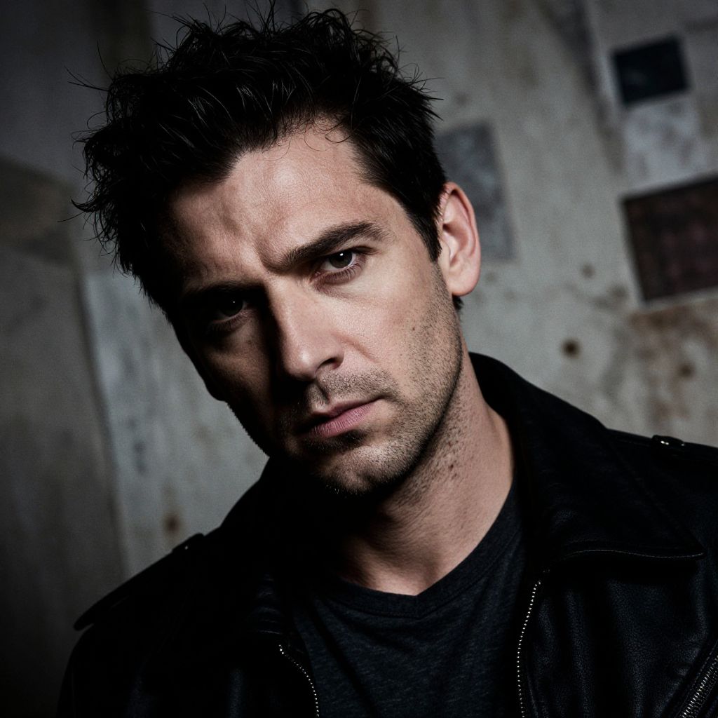 Serious Young Man in Black Leather Jacket Urban Portrait