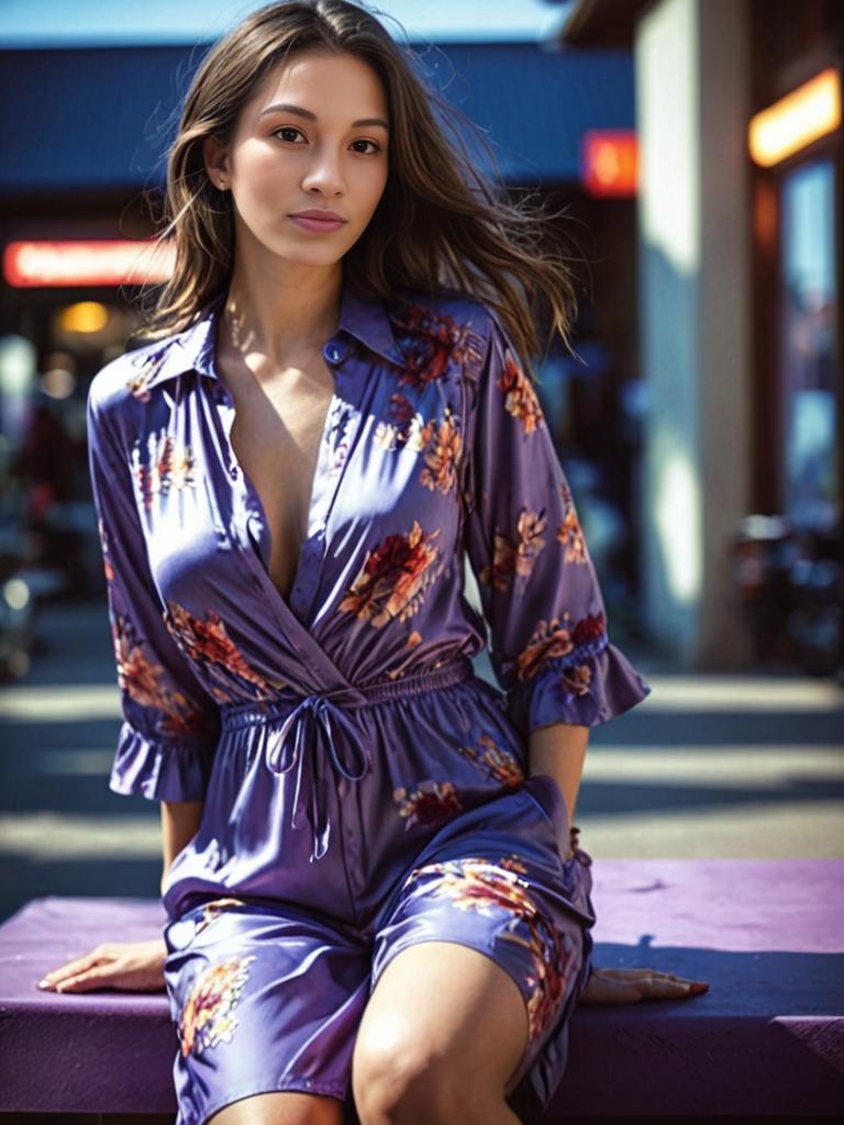 Woman in Floral Purple Dress in Urban Setting