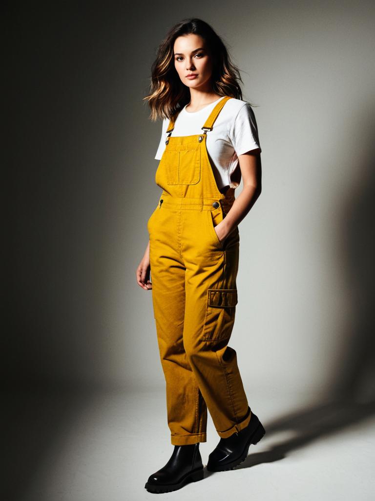 Woman in Casual Mustard Yellow Bib Overalls with Straight Leg and Side Buttons