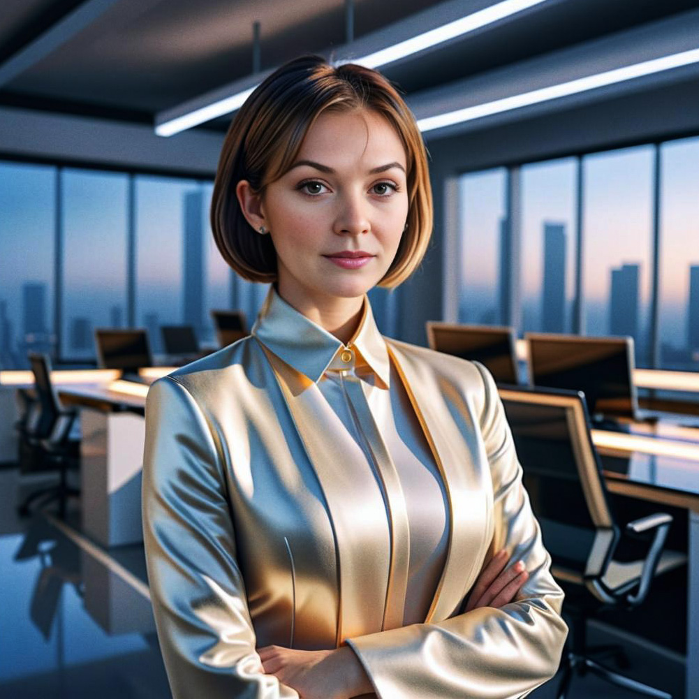 Confident Businesswoman in Golden Suit with City Skyline