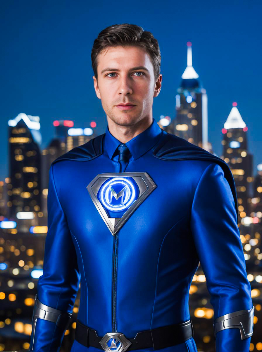 Cobalt Man Costume at Night in City Skyline