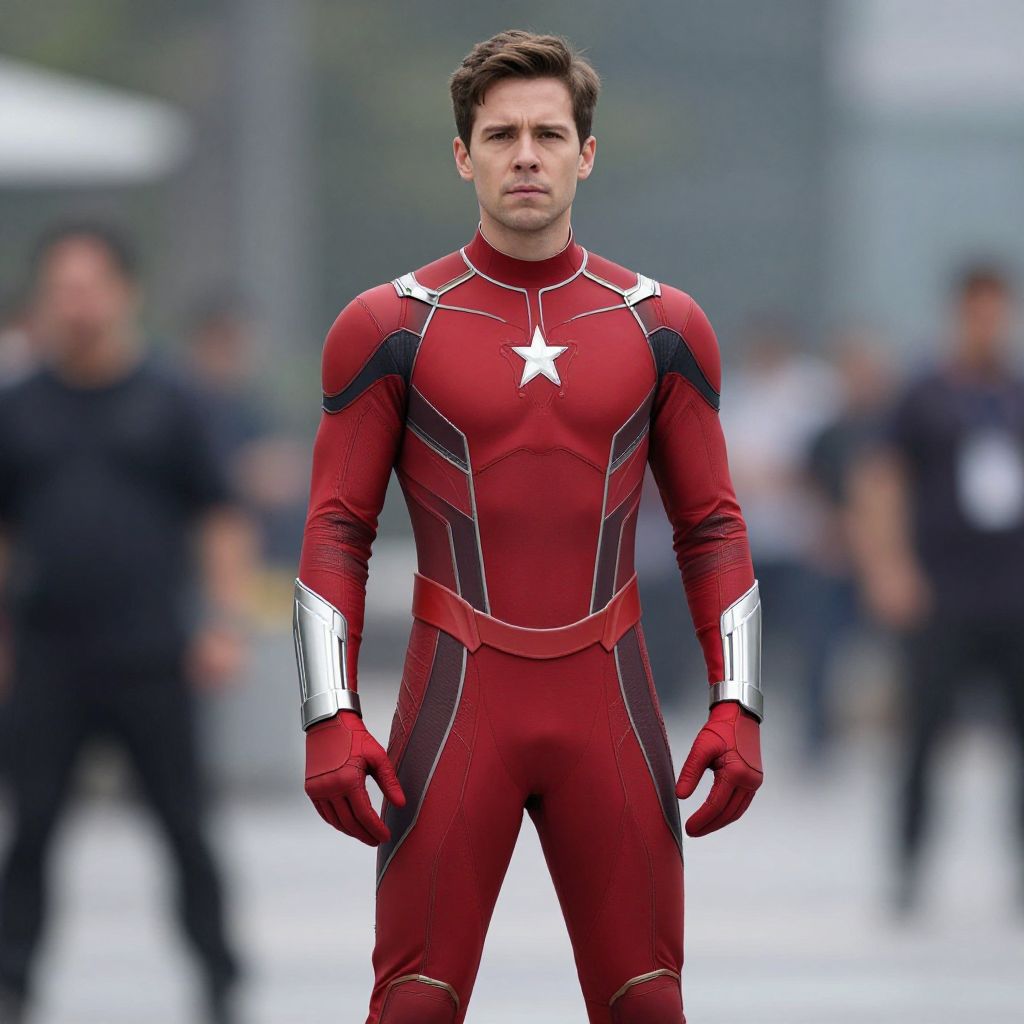 Man in Futuristic Red Superhero Suit with White Star Emblem