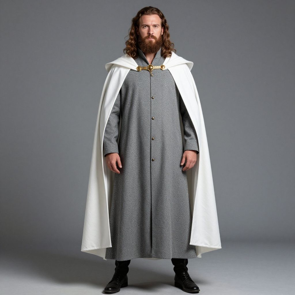 Medieval Fantasy Man in Gray Robe with White Cape and Bearded Look