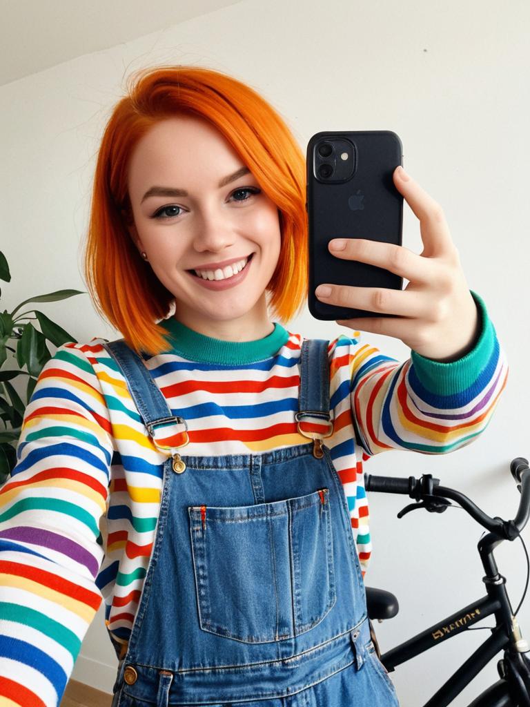 Young Woman in Colorful Striped Shirt and Denim Overalls Taking Selfie with Bicycle