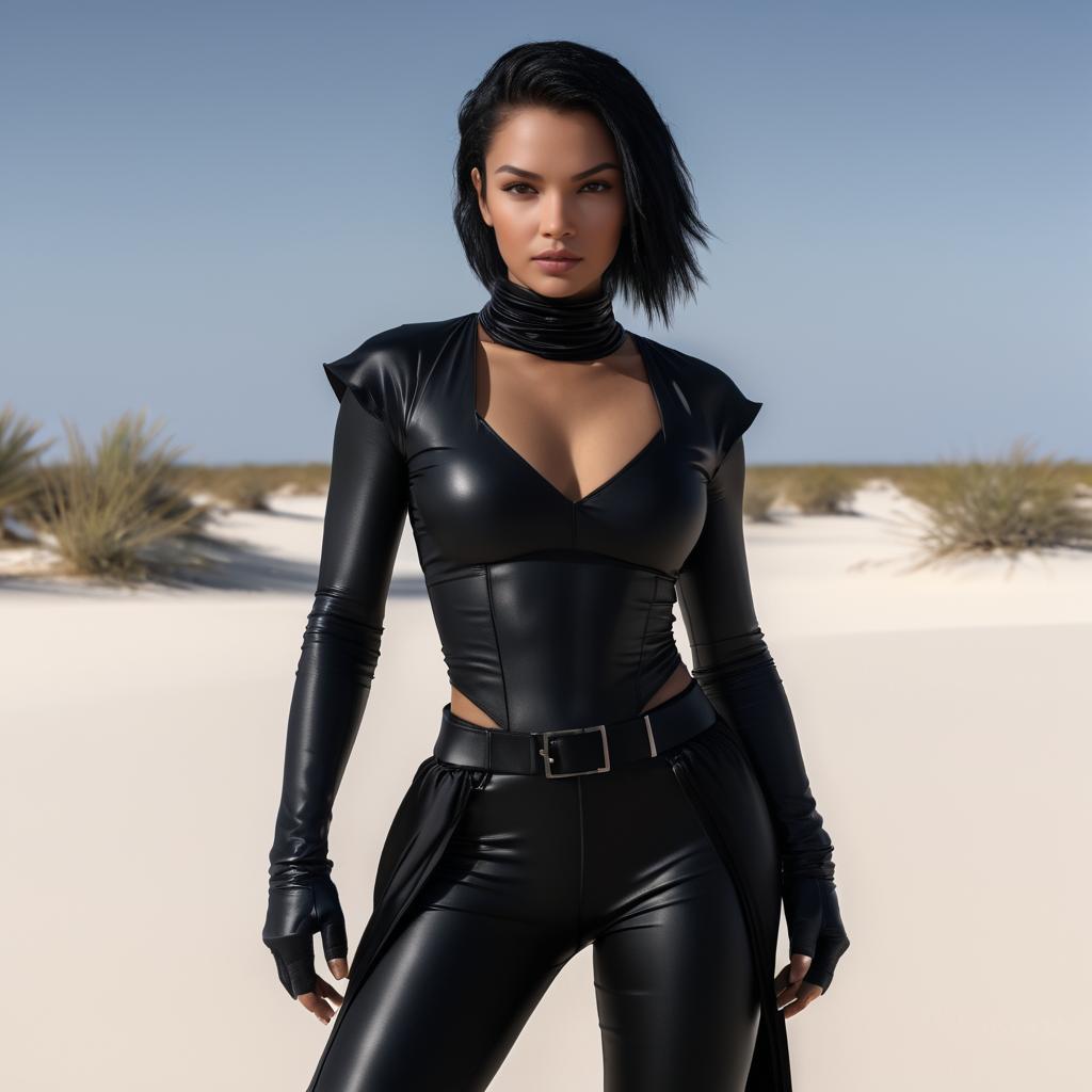 Confident Woman in Black Outfit in Desert