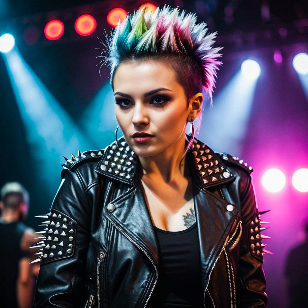 Confident Woman with Rainbow Mohawk in Leather Jacket
