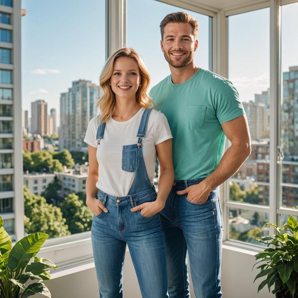 Cheerful Couple in Bright Room with City View