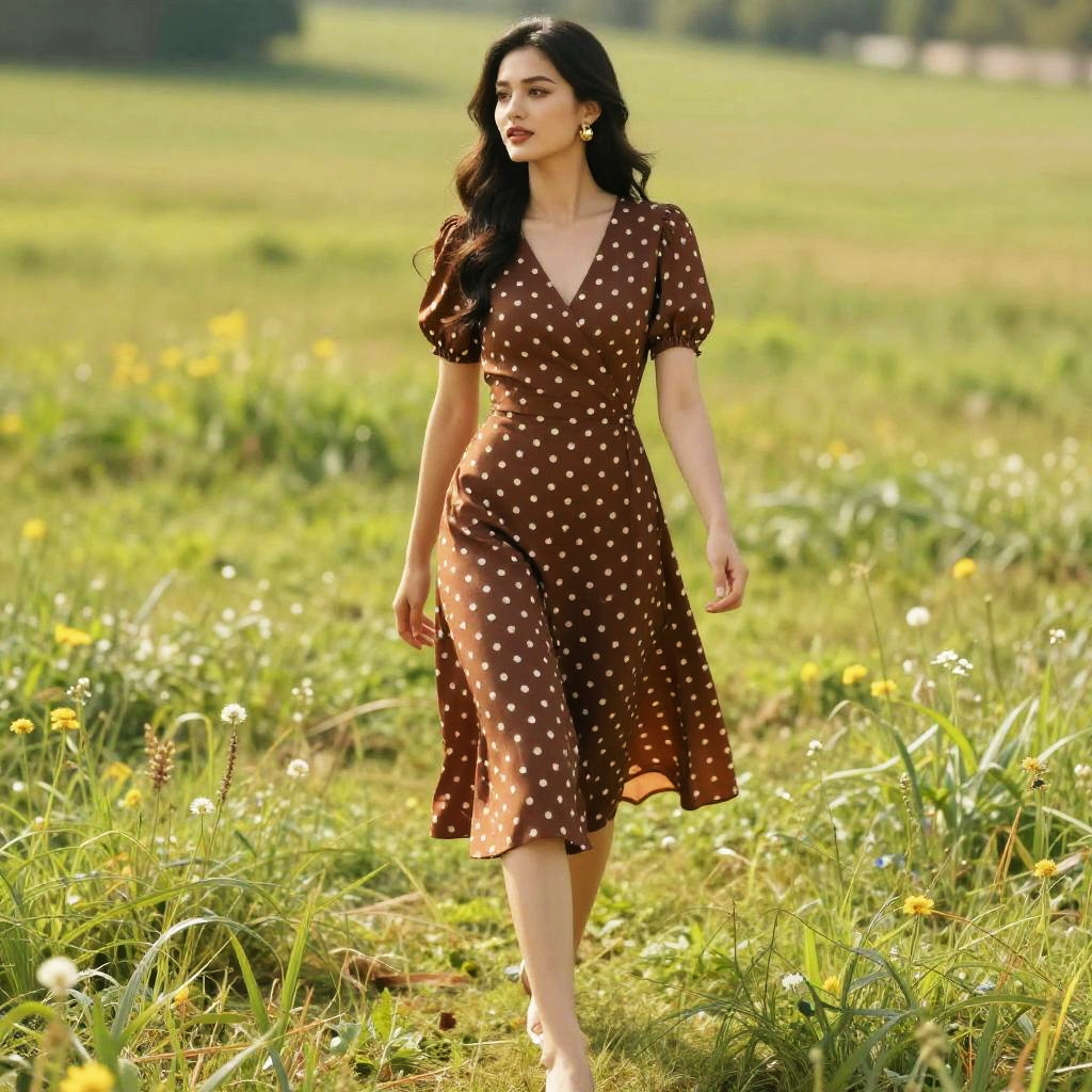 Woman Wearing Brown Polka Dot Midi Dress in Green Field