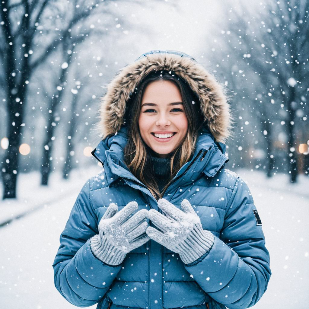Young Woman in Blue Coat Smiling in Snow