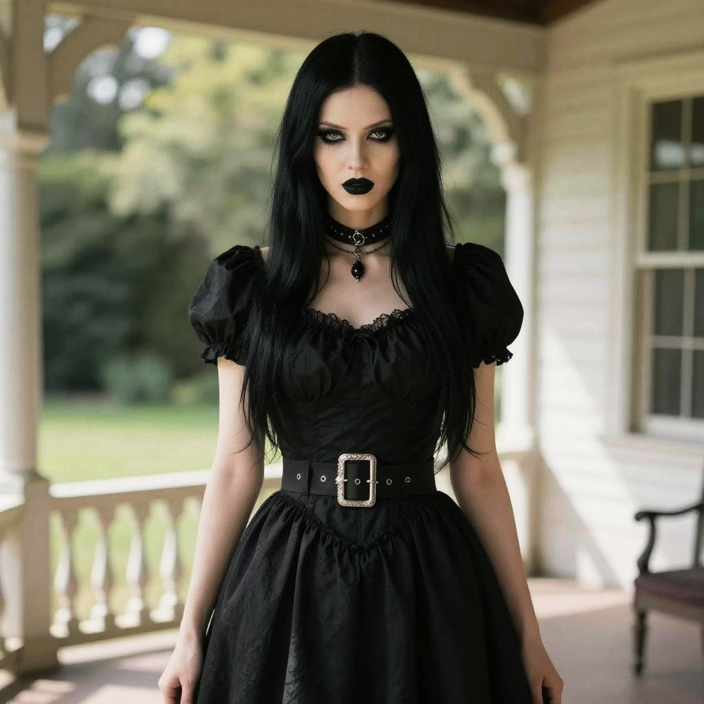 Gothic Woman in Black Vintage Dress on Veranda