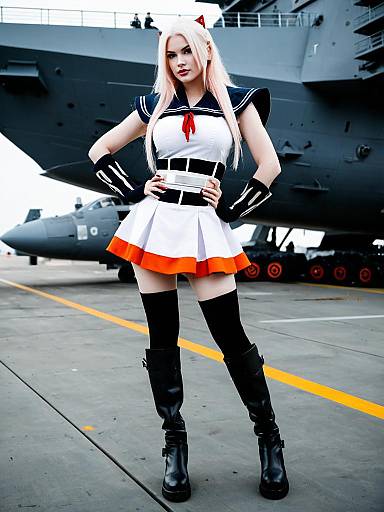 Anime Sailor Outfit Cosplay on Aircraft Carrier Deck with Fighter Jet